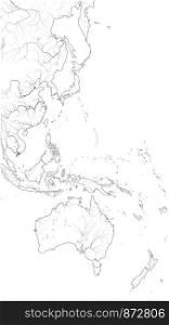 World Map of The PACIFIC OCEAN West coastline: Australasia, Indonesia, Micronesia, Polynesia (Asia-Pacific Region). Geographic chart with coastline, archipelago, coral reefs & seas, isles & islands.