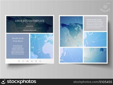 World map on blue, geometric technology design, polygonal texture. The minimalistic vector illustration of the editable layout of two square format covers design templates for brochure, flyer, booklet. The minimalistic vector illustration of the editable layout of two square format covers design templates for brochure, flyer, booklet. World map on blue, geometric technology design, polygonal texture.