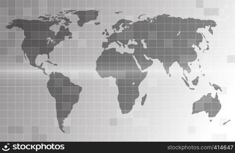 World map on monochrome background. Digital map in blueprint style with linear grid.. Electronic world map