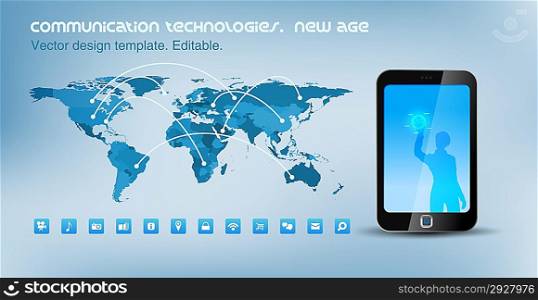 World map political with communication lines. Smartphone touchscreen technology. Design template. Vector. Editable.