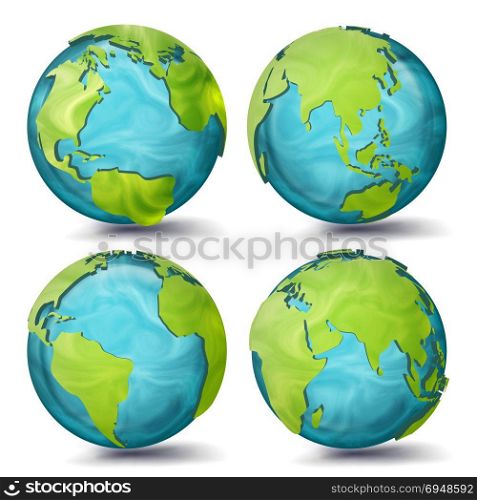 World Map Vector. 3d Planet Set. Earth With Continents. Eurasia, Australia, Oceania, North America, South America, Africa, Europe. Sphere Flip Different Angles. Isolated Illustration. World Map Vector. 3d Planet Set. Earth With Continents. Eurasia, Australia, Oceania, North America, South America, Africa, Europe Sphere Flip Different Angles Illustration