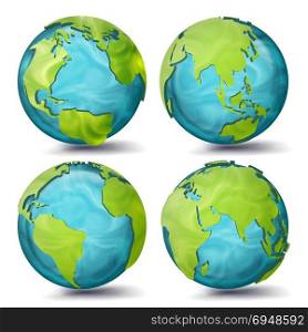 World Map Vector. 3d Planet Set. Earth With Continents. Eurasia, Australia, Oceania, North America, South America, Africa, Europe. Sphere Flip Different Angles. Isolated Illustration. World Map Vector. 3d Planet Set. Earth With Continents. Eurasia, Australia, Oceania, North America, South America, Africa, Europe Sphere Flip Different Angles Illustration