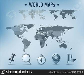 World map vector: political, dotted, solid. Navigation Icon pack.