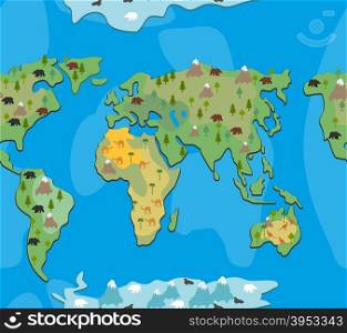 World map with animals and trees seamless pattern. Background of geographical Atlas of flora and fauna. Endless ornament for baby cloth of continents of planet Earth.