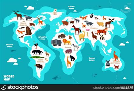 World map with animals. Earth discovery funny kids geography vector illustration. Animal geography world, wildlife eurasia africa and america. World map with animals. Earth discovery funny kids geography vector illustration