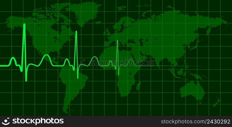 World map with cardio pulse vector concept of global change, crisis and disasters, news events politics weather and environment