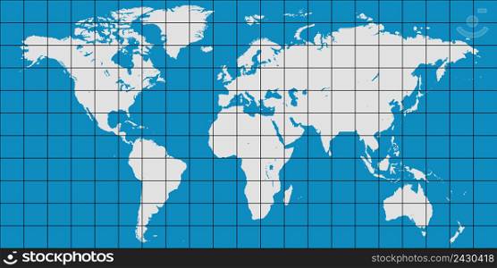 world map with coordinate grid and meridian and parallel, vector map of planet earth