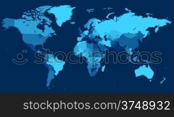 World map with countries on blue background. Vector illustration.