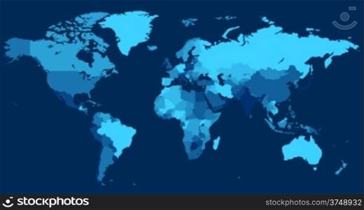 World map with countries on blue background. Vector illustration.