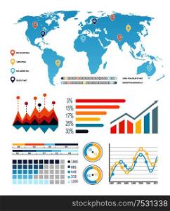 World map with diagrams, worldwide visualization information vector. Flowcharts and location areas on global infographic. Flowcharts with data curves. World Map with Diagrams Visualization Information