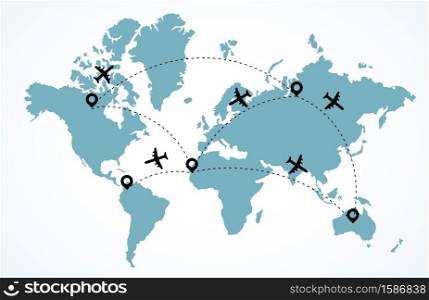 World map with flying airplanes. Dashed trace road line poster. Travel concept, location marks in continents. Tourism or air flights advertising. Vector planning route flat isolated illustration. World map with flying airplanes. Travel concept, location marks in continents. Dashed trace road line. Tourism or air flights advertising. Vector planning route isolated illustration