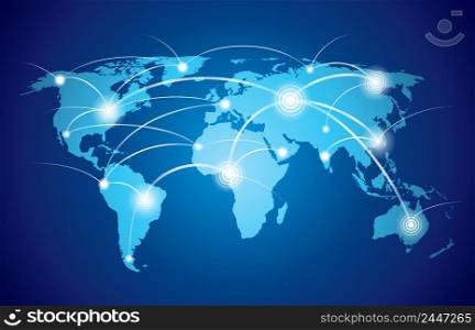 World map with global technology or social connection network with nodes and links vector illustration