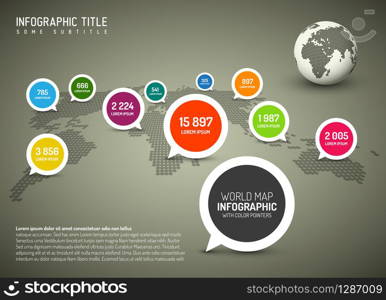 World map with simple pointer marks (speech bubbles) - minimalist infographics concept, brown version
