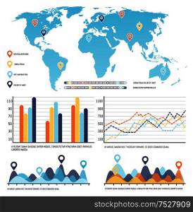 World map worldwide infographics visual data representation vector. Flowchart with numeric information, location pointers, table with growing chart. World Map with Worldwide Infographics Visual Data