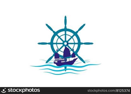 World Maritime Day with Boat and Ship Wheel or Steering Symbol  in sea line, Vector illustration isolated international maritime day icon. 