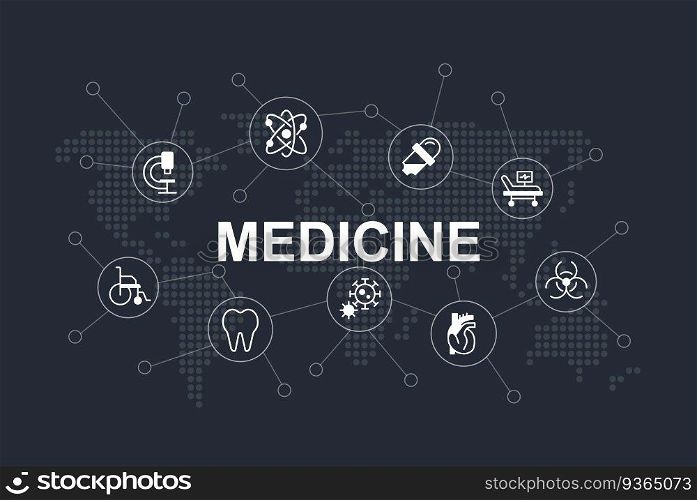 World medicine word concept design template with icons. Infographics with text and editable white glyph pictograms. Vector illustration for web banner, presentation. Montserrat font used. World medicine word concept design template with icons