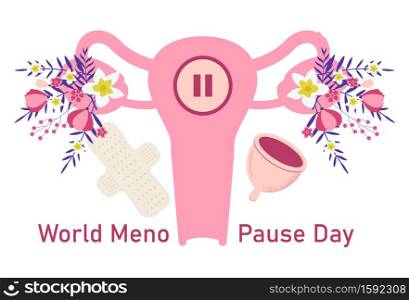 World menopause day concept vector. Event is celebrated in 18 October. Uterus with tropical flower and leaves. Sign pause inside woman organ.. World menopause day concept vector. Event is celebrated in 18 October. Uterus with tropical flower and leaves. Sign pause inside