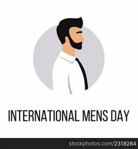 World Mens Day November 19. Handsome guy with beard and suit. Barbershop logo. Character in tie. Business style.