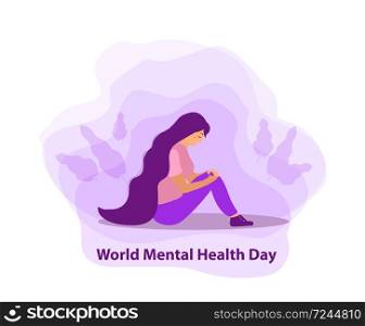 World Mental Health Day. Girl in sadness, depression concept. Isolated on a white background. Vector illustration.. World Mental Health Day. Girl in sadness, depression concept. Isolated on a white background. Vector illustration