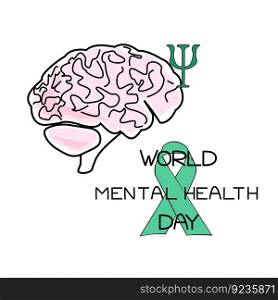 World Mental Health Day, schematic image of human brain, psychology icon letter psi, green ribbon and themed inscription, vector illustration