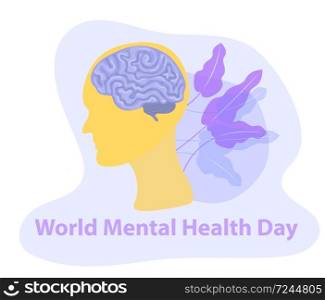 World Mental Health Day. Silhouette of a man&rsquo;s head with brain. Isolated on a white background. Vector illustration.. World Mental Health Day. Silhouette of a man&rsquo;s head with brain. Isolated on a white background. Vector illustration