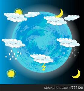 World Meteorological Day. Image of the Earth, clouds, sun, moon, rain, snow, lightning For banners flyers sites. World Meteorological Day. Earth, clouds, sun, moon