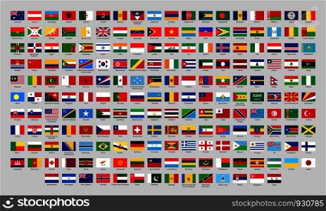 World national flags. Official country signs, europe emblems, asia and america countries flag. International language knowledge or Africa, Canada and Japan flags. Flat isolated vector icons set. World national flags. Official country signs, europe emblems, asia and america countries flag flat vector set