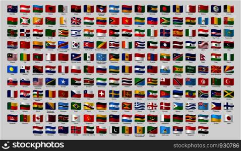 World national waving flags. Official country signs with names, countries flag banners. International travel symbols, geography or language lesson flags emblem. Isolated vector signs set. World national waving flags. Official country signs with names, countries flag banners vector set