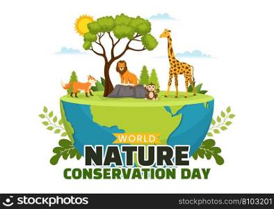 World Nature Conservation Day Vector Illustration with World Map, Tree and Eco Friendly Ecology in Flat Cartoon Hand Drawn Landing Page Templates