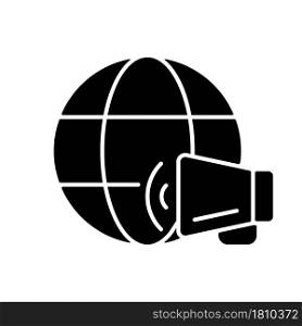 World news black glyph icon. Global communication. Worldwide broadcasting. International media. World networking. Media channel. Silhouette symbol on white space. Vector isolated illustration. World news black glyph icon
