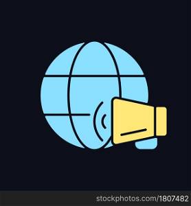 World news RGB color icon for dark theme. Global communication. Worldwide broadcasting. International media. Isolated vector illustration on night mode background. Simple filled line drawing on black. World news RGB color icon for dark theme