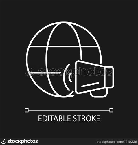 World news white linear icon for dark theme. Global communication. Worldwide broadcasting. Thin line customizable illustration. Isolated vector contour symbol for night mode. Editable stroke. World news white linear icon for dark theme