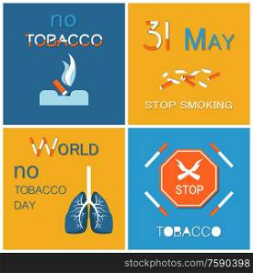 World no tobacco day WNTD celebrated on 31 May, broken cigarettes, stop sign with crossed hands. Abstinence from nicotine consumption around globe vector. World No Tobacco Day WNTD Celebrated on 31 May
