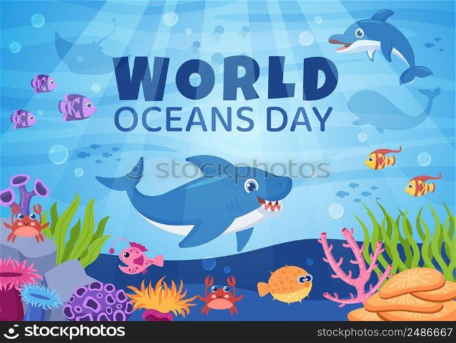 World Ocean Day Cartoon Illustration with Underwater Scenery, Various Fish Animals, Corals and Marine Plants Dedicated to Helping Protect or Preserve