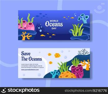 World Oceans Day Horizontal Banner Cartoon Hand Drawn Templates Background Illustration
