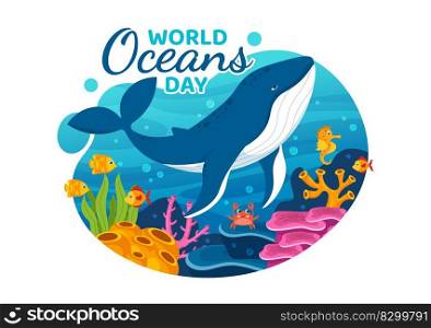 World Oceans Day Illustration to Help Protect and Conserve Ocean, Fish, Ecosystem or Sea Plants in Flat Cartoon Hand Drawn for Landing Page Templates