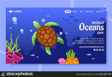 World Oceans Day Social Media Landing Page Flat Cartoon Hand Drawn Template Illustration