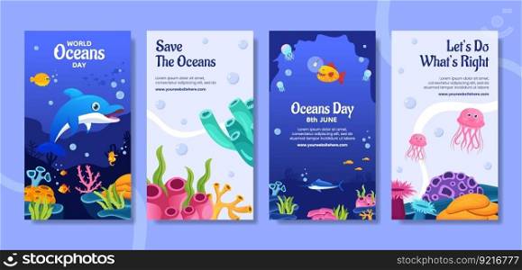 World Oceans Day Social Media Stories Flat Cartoon Hand Drawn Templates Background Illustration