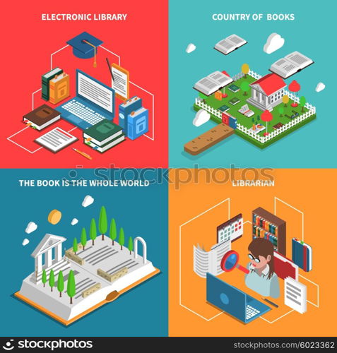 World Of Books Icons Set. World of books concept isometric icons set with electronic library and librarian symbols isolated vector illustration