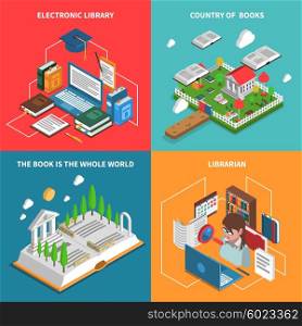 World Of Books Icons Set. World of books concept isometric icons set with electronic library and librarian symbols isolated vector illustration