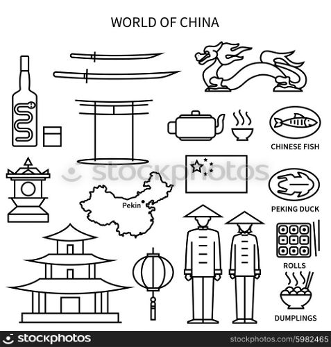 World Of China Line Icons Set. World of China line black white icons set with national symbols flat isolated vector illustration