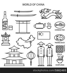 World Of China Line Icons Set. World of China line black white icons set with national symbols flat isolated vector illustration