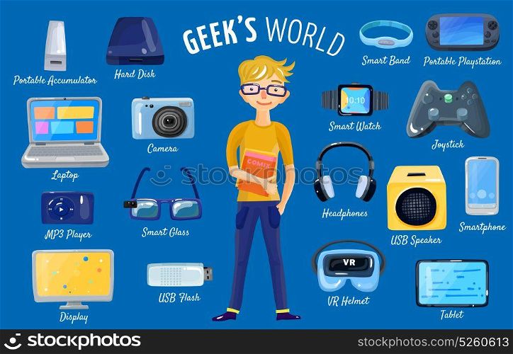World Of Gadgets Set. Character geek nerd set of isolated hand drawn style electronic devices and gadgets with male teenager vector illustration