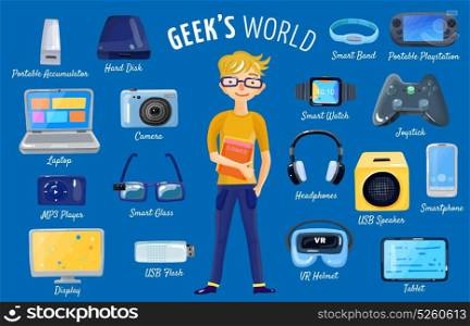 World Of Gadgets Set. Character geek nerd set of isolated hand drawn style electronic devices and gadgets with male teenager vector illustration