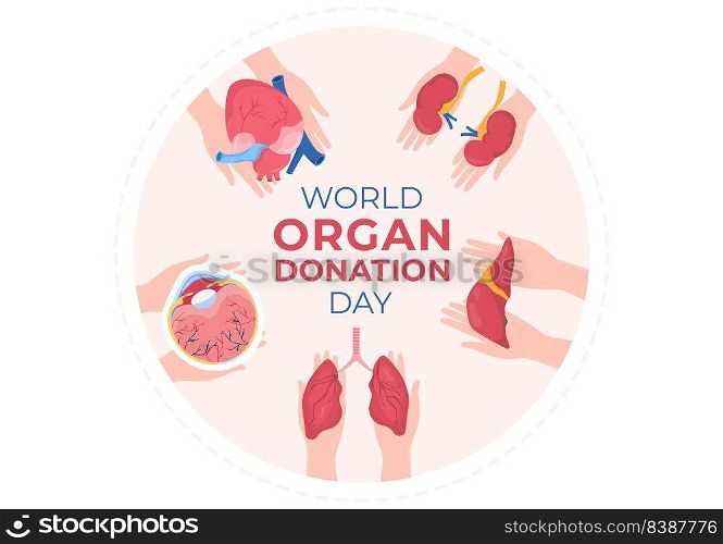World Organ Donation Day with Kidneys, Heart, Lungs, Eyes or Liver for Transplantation, Saving Lives and Health Care in Flat Cartoon Illustration