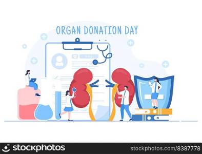 World Organ Donation Day with Kidneys, Heart, Lungs, Eyes or Liver for Transplantation, Saving Lives and Health Care in Flat Cartoon Illustration