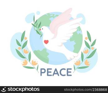 World peace dove 2D vector isolated illustration. Bird symbolising harmony flat object on cartoon background. Anti war movement colourful scene for mobile, website, presentation. Quicksand font used. World peace dove 2D vector isolated illustration