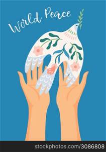 World Peace. Hands and dove of peace. Vector illustration. Elements for card, poster, flyer and other use. World Peace. Vector illustration. Elements for card, poster, flyer and other