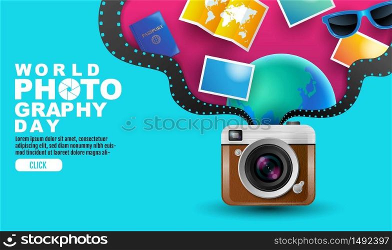 World photography day , event, vector, vintage camera, logo, Typography.