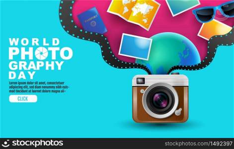 World photography day , event, vector, vintage camera, logo, Typography.